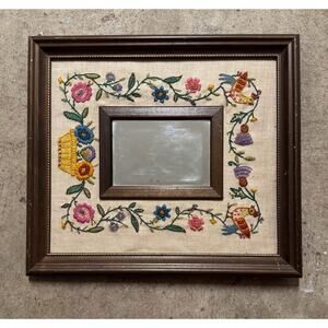 Vintage Floral Needlepoint Mirror – Framed Stitch w Birds & Flowers – 17” x 15”